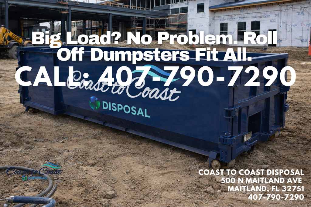 Roll-off dumpster on a private driveway in Central Florida with no permit required
