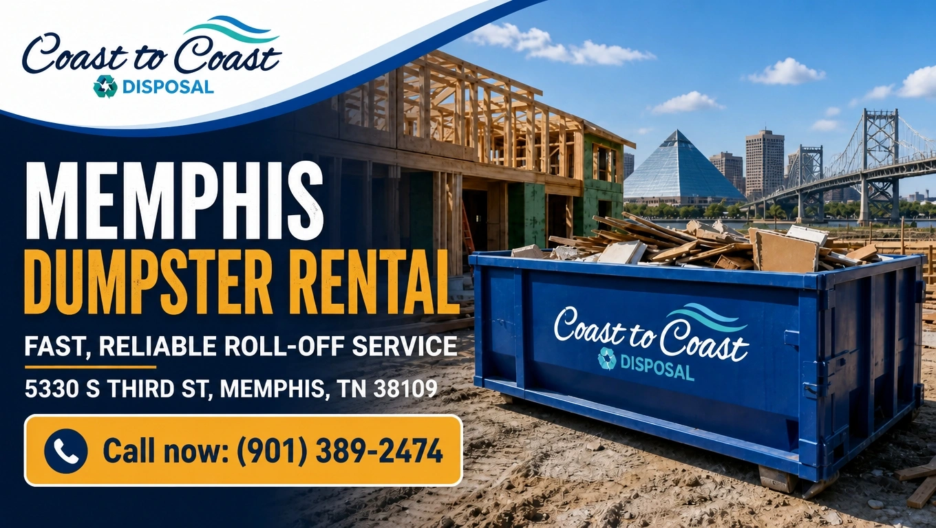Coast to Coast Disposal roll-off dumpster loaded with construction debris at a Memphis job site with the Memphis Pyramid and the Hernando de Soto Bridge behind it